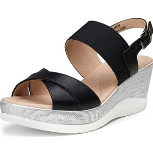 Jeossy Women's Platform Sandal Black 26 Comfort Buckle Strap Casual Wide Width